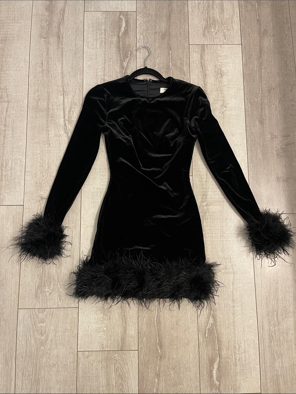 House Of CB Black Velvet Feather Trim Long Sleeve Mini Dress XS- worn once! - Picture 5 of 9